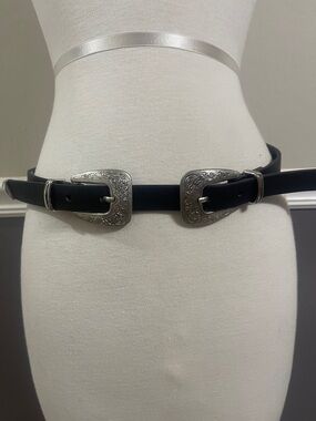 Target Black Double-Buckle Western Belt with Silver Buckles